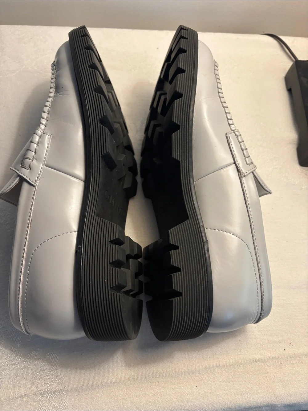 Calvin Klein Light Gray Blue Leather Penny Loafers with Black Lug Sole